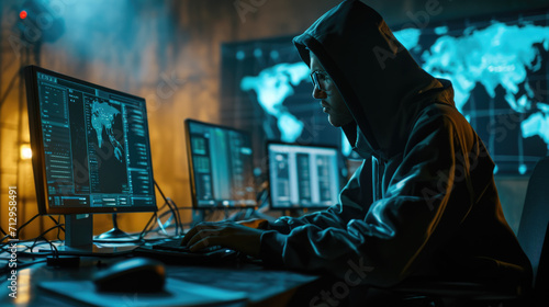 Individual in a hoodie sitting in front of multiple computer monitors displaying various data visualizations and global network map