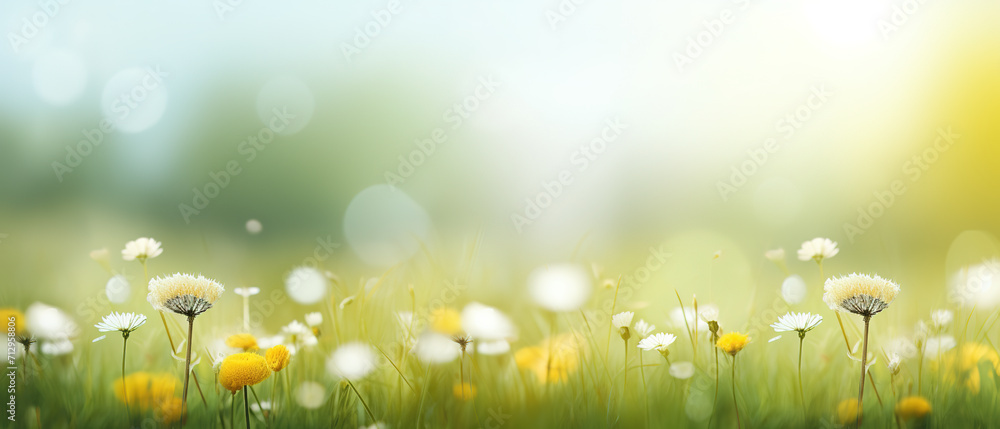 Beautiful background of colorful wild meadow flowers, focus and soft light, bokeh, copy space