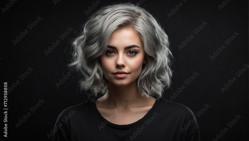 young woman with gray hair isolated on black background