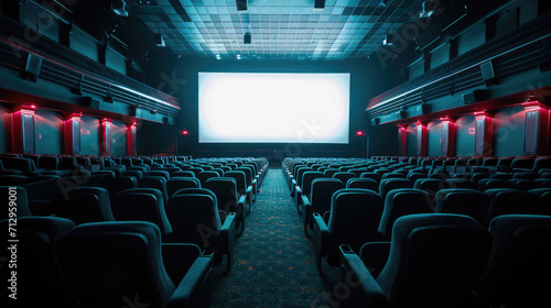 Empty cinema theater with rows of red seats facing a large blank movie screen, ready for a film to be projected. © MP Studio