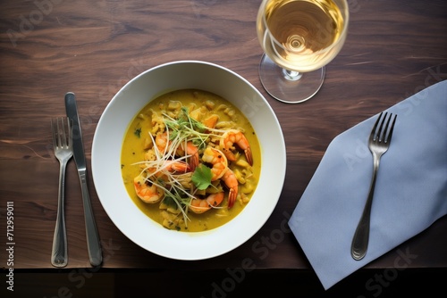 goan shrimp curry next to glass of white wine, overhead photo