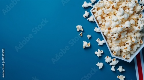 Delicious popcorn on a blue background with copy space.