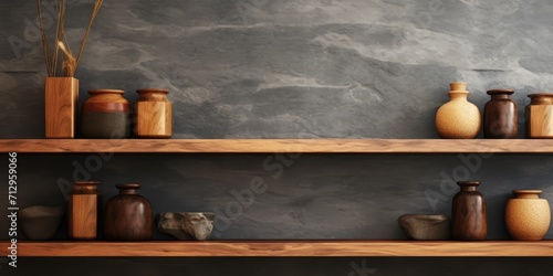 Product display with wooden shelves and stone wall background.