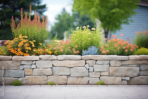 stone retaining wall with flowering shrubs photo