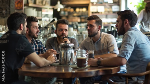 A group of men talking in a cafe, AI generated Image
