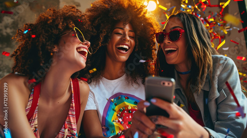 Joyful friends are taking a selfie during a celebration with confetti flying around them.