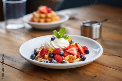 crispy waffles with fresh berries and whipped cream on a plate