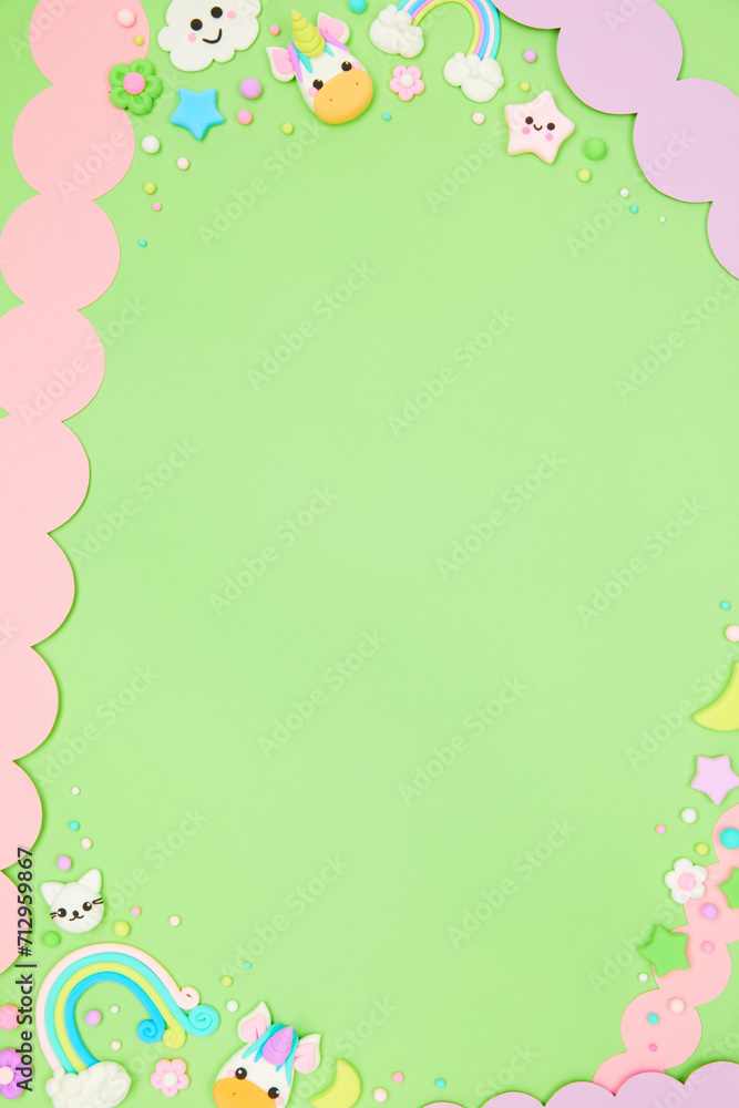 Trendy pastel green kawaii flyer background design template with cute air plasticine handmade cartoon animals, unicorns, stars, rainbows pattern. Top view, flat lay. Candycore, fairycore. Trendy pastel green kawaii flyer background design template with cute air plasticine handmade cartoon animals, unicorns, stars, rainbows pattern. Top view, flat lay. Candycore, fairycore.