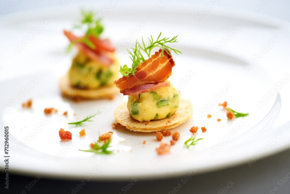 deviled eggs with bacon pieces and parsley