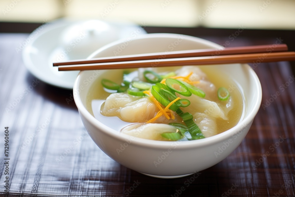 dumpling soup in a clear broth with scallions floating on top dumpling soup in a clear broth with scallions floating on top
