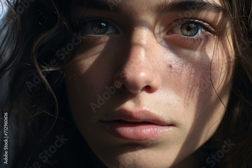 Close up of woman's face without makeup with shadows cast by sunlight © Firn