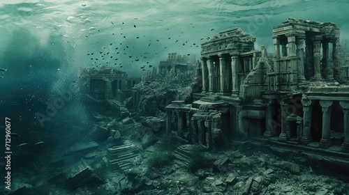 Ancient buildings are submerged in the sea, AI generated Image
