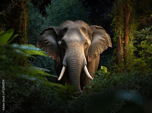 The face of an Asian Elephant peaking out of the jungle at night, shallow depth, selective focus. Looking at you. Large Male elephant with Tusks or tushes hiding in the jungle.