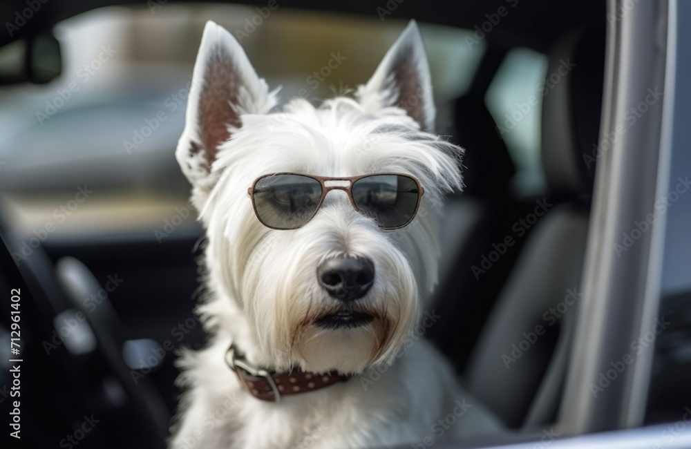 Dog glasses car. Funny and amusing animal looking with black sunglass. Generate AI Dog glasses car. Funny and amusing animal looking with black sunglass. Generate AI