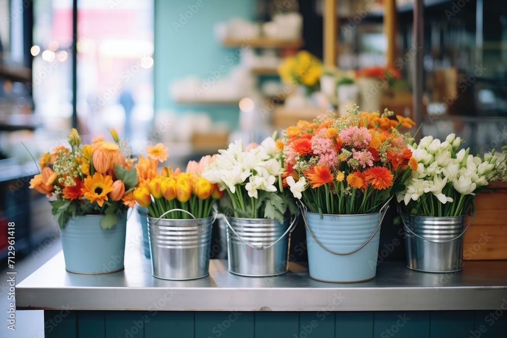 bunches of fresh-cut flowers in metal buckets