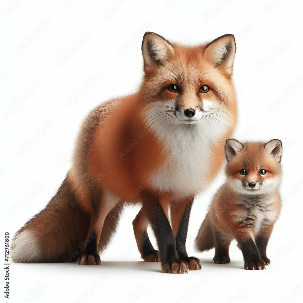 Red fox and babg vulpes isolated on white background 