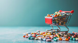 Miniature shopping cart filled with various pills and tablets, with additional blister packs and loose capsules scattered around it on a turquoise background.