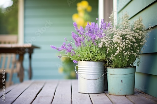potted lavender and herbs on farmhouse porch, rustic charm