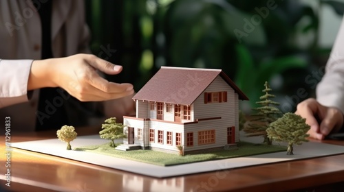 Focus house model on blurred real estate agent hands over the key to the buyer background. Generative AI.