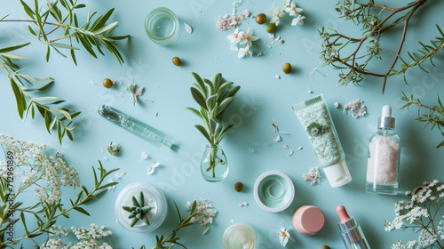 Flat lay composition of skincare products and natural elements on a pastel blue background photo