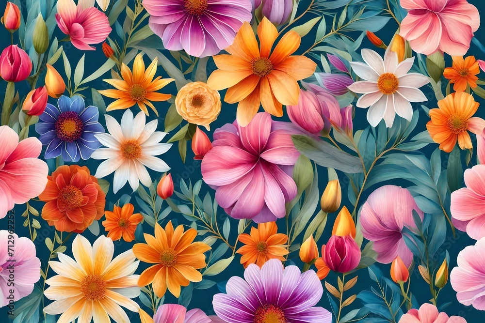 Seamless pattern with white pink orange flowers.