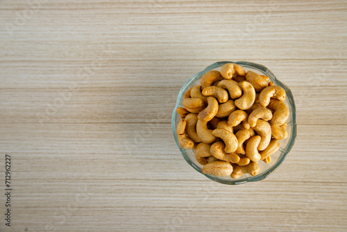 top view of a bowl of fried cashew nuts