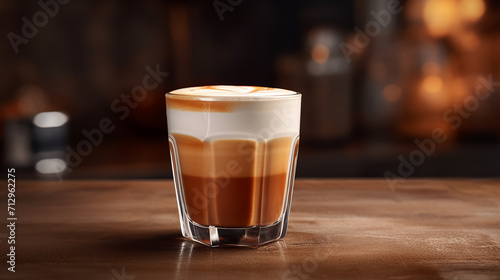 photo realistic close up front angle a cortado with on wooden table