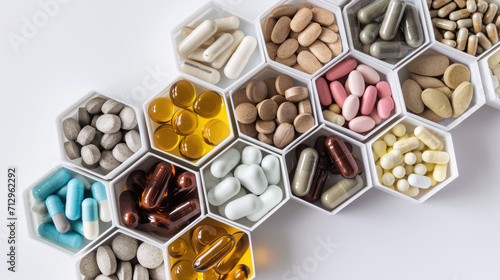 Collection of pills and capsules of various colors and sizes, neatly organized into a honeycomb-shaped set of containers