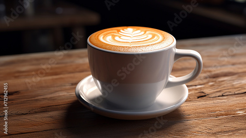 photo realistic direct side view a soy milk latte on white cup on wooden table