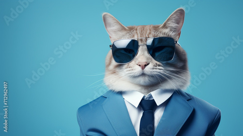 Cute cat wearing a suit and sunglasses on blue background
