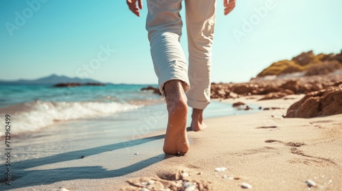Close up photo of man walking along the beach, AI generated Image photo