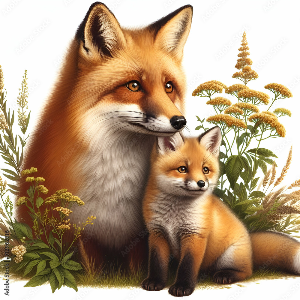Fototapeta premium Red fox vulpes and baby fox isolated on white background