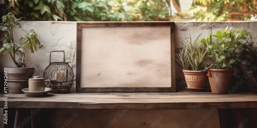 Rustic outdoor scene with wooden table and plant. Product mockup with vintage design. Rustic outdoor scene with wooden table and plant. Product mockup with vintage design.