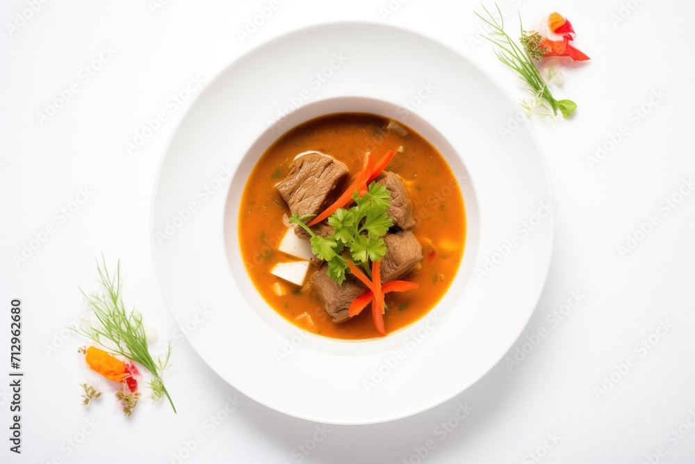 beef goulash soup with red pepper flakes on a white backdrop beef goulash soup with red pepper flakes on a white backdrop