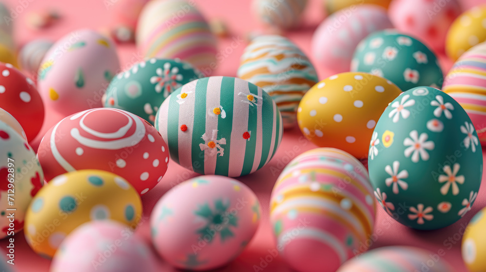 Collection of decorated Easter eggs with various patterns and colors, scattered on a pink surface. Collection of decorated Easter eggs with various patterns and colors, scattered on a pink surface.