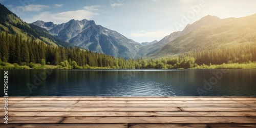 River and mountain background with a wooden table top - for displaying or showcasing your products.