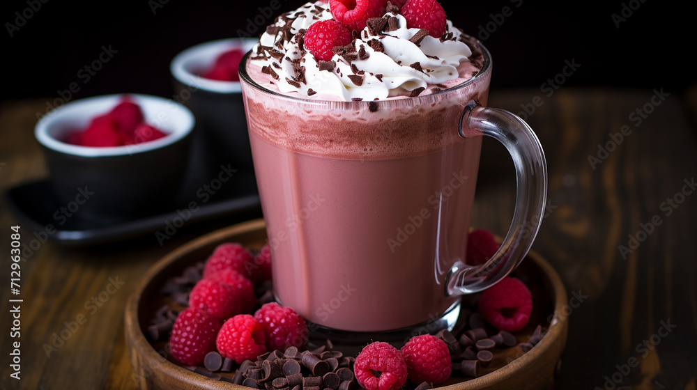 Raspberry truffle mocha in a valentine day themed cafe on wooden table Raspberry truffle mocha in a valentine day themed cafe on wooden table