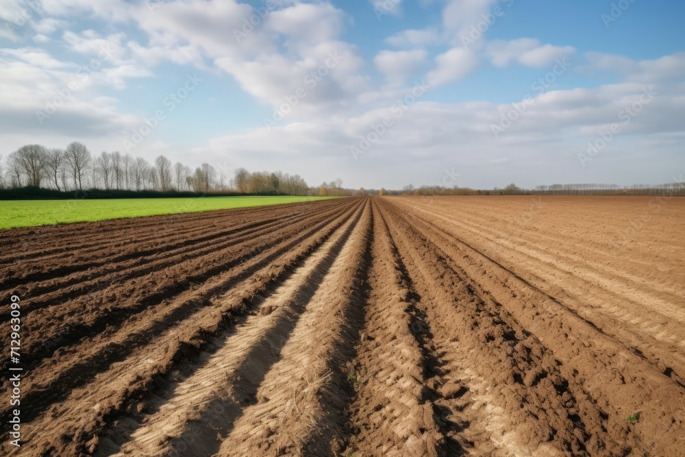 Furrows plowed field. Brown and cultivate meadow cloudy and blue sky. Generate AI Furrows plowed field. Brown and cultivate meadow cloudy and blue sky. Generate AI