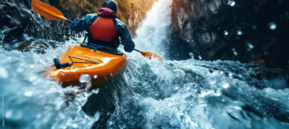 Fototapeta premium Paddling a kayak through rapids in mountain waterfall.