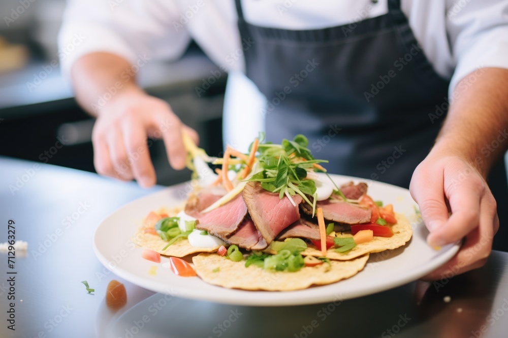 chef assembling a gyro pita with fresh toppings chef assembling a gyro pita with fresh toppings