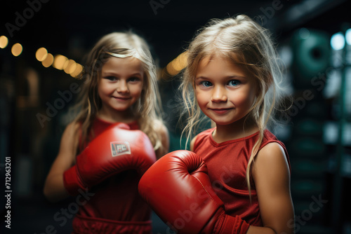 Cute little girls are playing sport in red boxing gloves. Selective focus, photo in motion for projects or design about the development of sports of younger generation. Sports club advertising