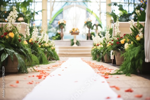 aisle runner leading to an altar with potted plants and petals photo