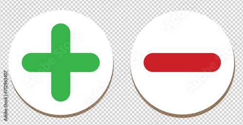 Set of white minus & plus signs icons, flat round buttons. Vector EPS10