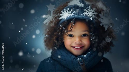 Cute child with happy face with snowflakes