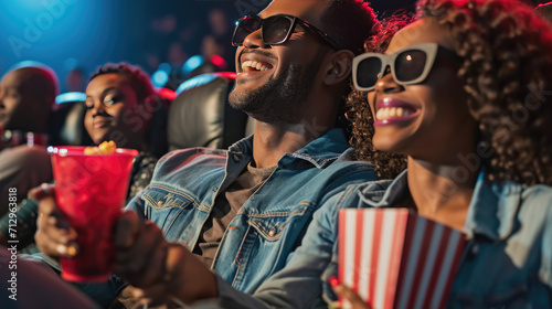 Man and a woman in a movie theater, both wearing 3D glasses, laughing and enjoying themselves with a popcorn bucket and a red cup in hand.