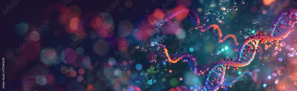 Complex molecular structure of DNA in bright colors on a dark background - obrazy, fototapety, plakaty 