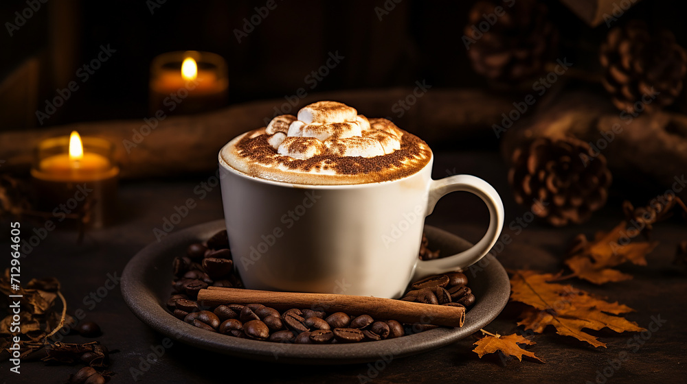 toasted marshmallow latte in a campfire themed cafe with blurred candles background toasted marshmallow latte in a campfire themed cafe with blurred candles background