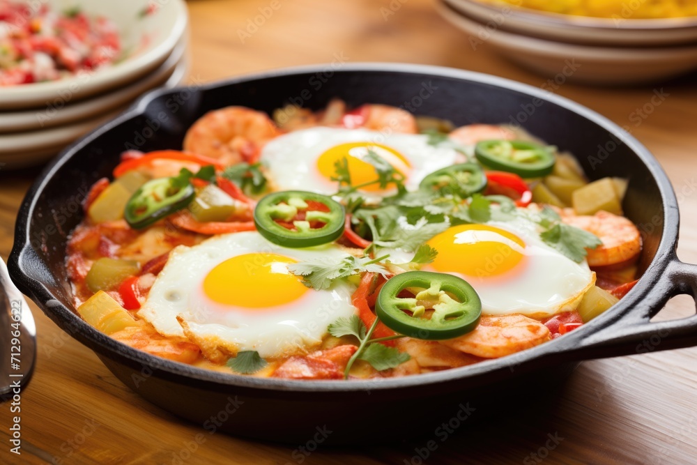 close-up of sizzling huevos divorciados in a cast iron pan, ready to serve
