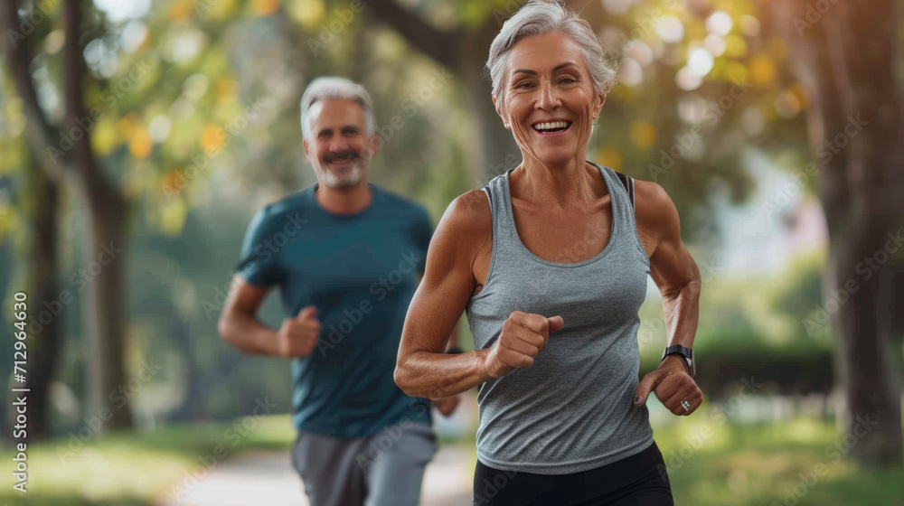 Cheerful elderly couple jogging together in a park filled with lush greenery. Cheerful elderly couple jogging together in a park filled with lush greenery.