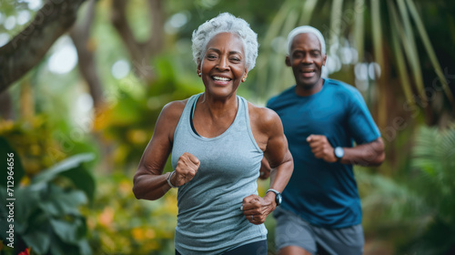 Cheerful elderly couple jogging together in a park filled with lush greenery.
